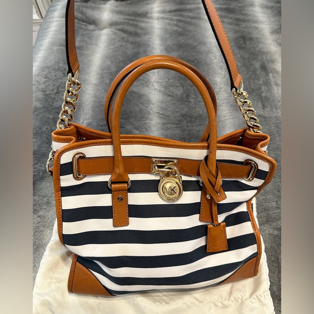 Michael Kors Hamilton Canvas Striped Large Tote Navy Blue